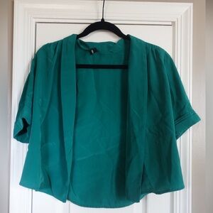 forever 21 open-front, short-sleeve bolero shrug in a teal green color